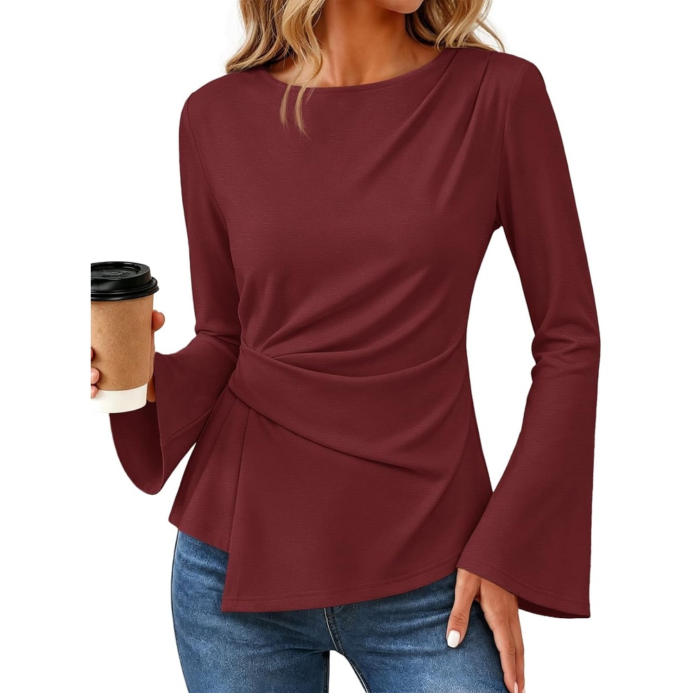 image:imageMEROKEETY Womens Peplum Tops Long Sleeve Fall Dressy Business Casual BlouseWine