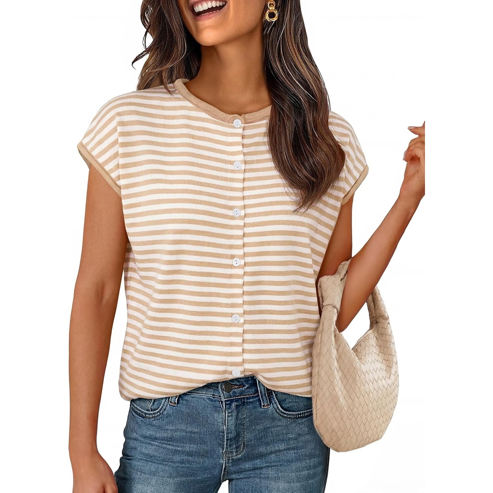 image:imageMEROKEETY Womens Summer Cap Short Sleeve Sweater Vest 2026 Trendy TopsStripekhaki