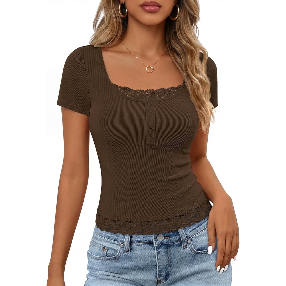 image:imageMEROKEETY Womens Summer Lace Trim Tops Cute Short Sleeve Ribbed Shirts 2026Coffee