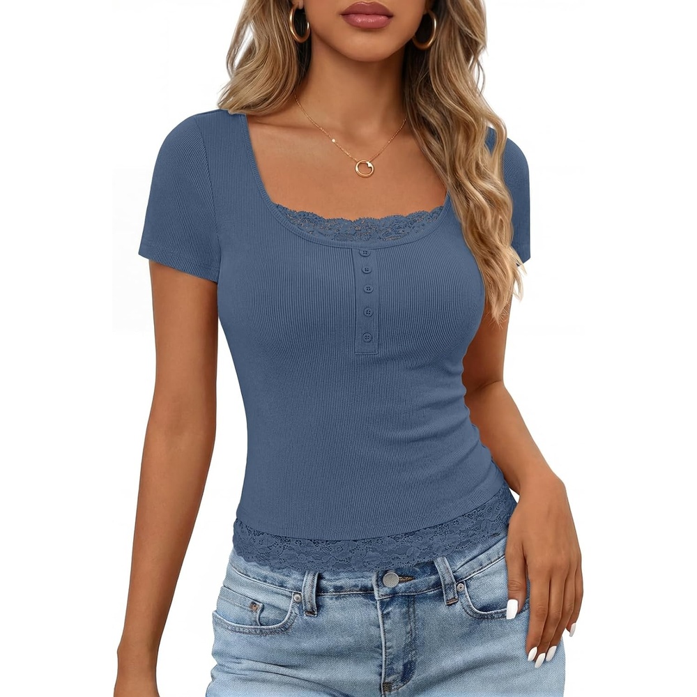 image:imageMEROKEETY Womens Summer Lace Trim Tops Cute Short Sleeve Ribbed Shirts 2026Dusty Blue
