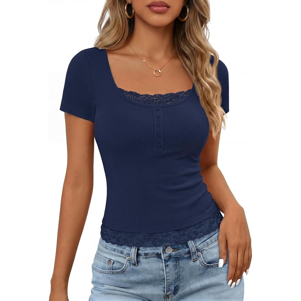 image:imageMEROKEETY Womens Summer Lace Trim Tops Cute Short Sleeve Ribbed Shirts 2026Navy