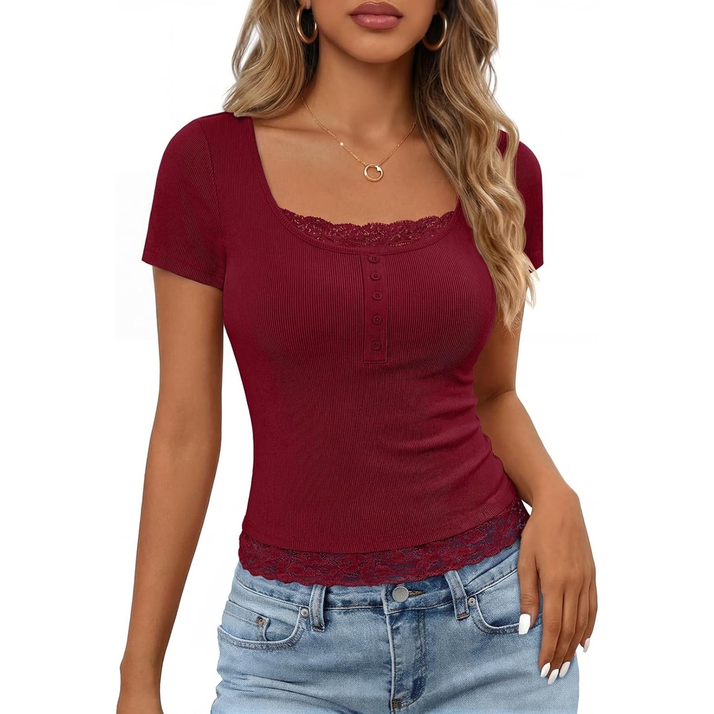 image:imageMEROKEETY Womens Summer Lace Trim Tops Cute Short Sleeve Ribbed Shirts 2026Wine Red