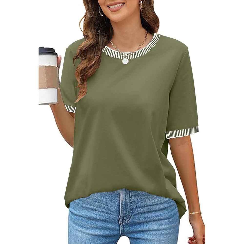 image:imageMEROKEETY Womens Summer Tops 2026 Short Sleeve Casual Trendy Striped Color Block T Shirts Loose BlouseArmy Green