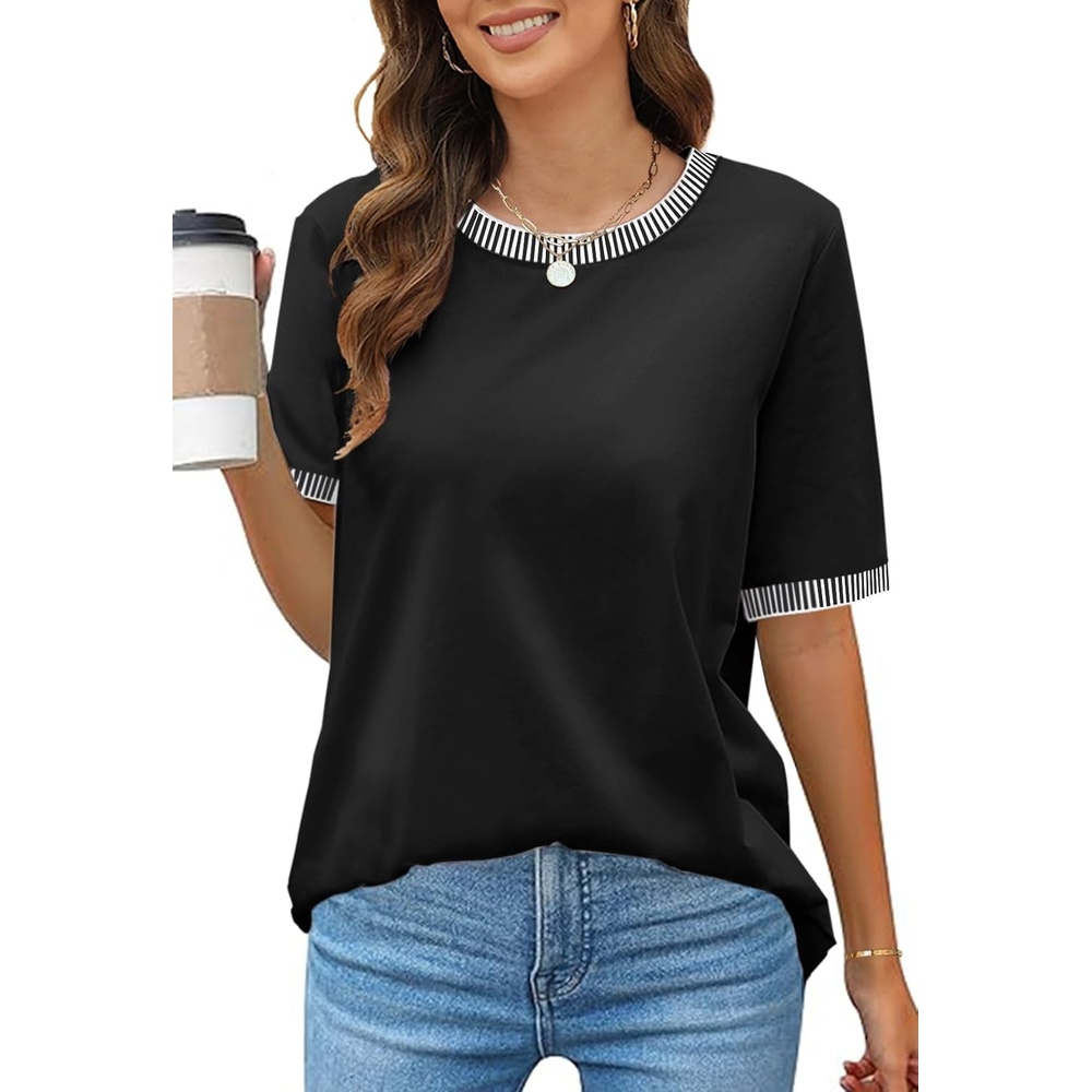 image:imageMEROKEETY Womens Summer Tops 2026 Short Sleeve Casual Trendy Striped Color Block T Shirts Loose BlouseBlack