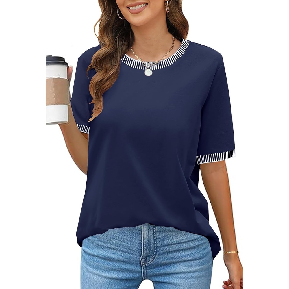 image:imageMEROKEETY Womens Summer Tops 2026 Short Sleeve Casual Trendy Striped Color Block T Shirts Loose BlouseDark Blue