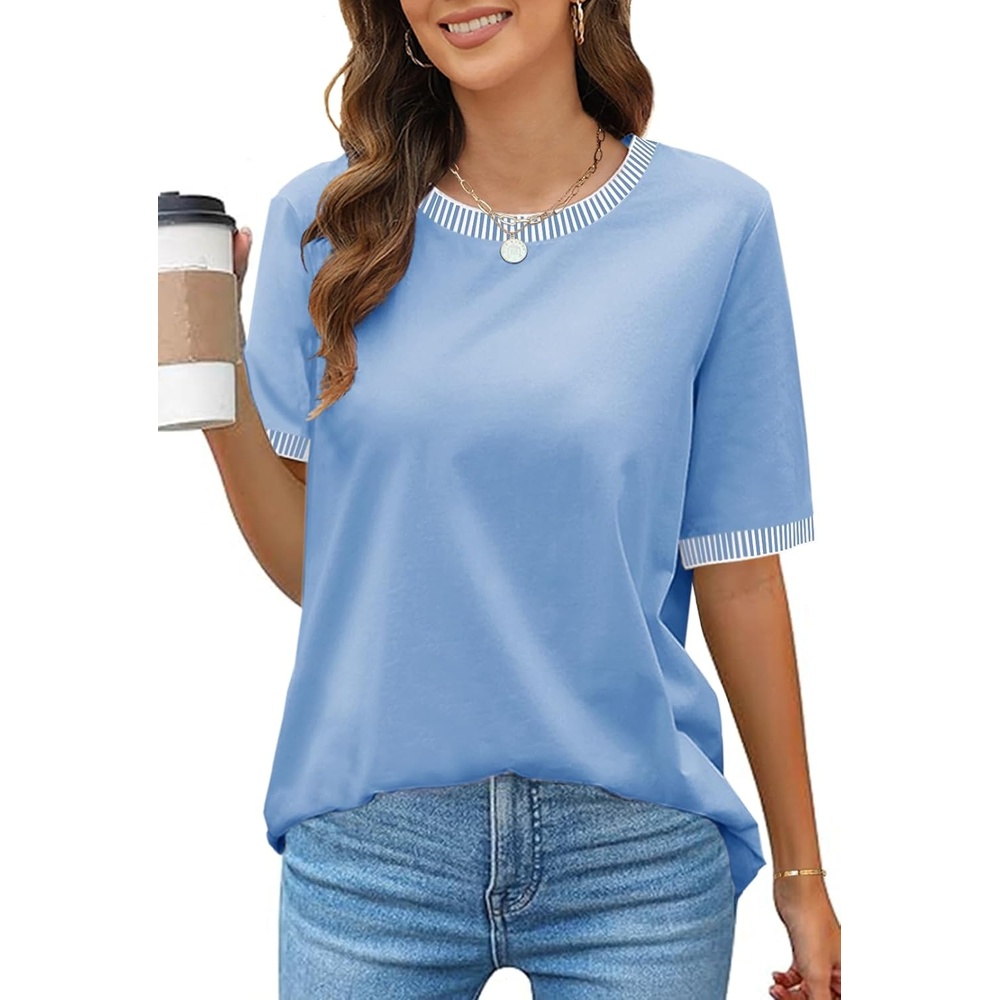 image:imageMEROKEETY Womens Summer Tops 2026 Short Sleeve Casual Trendy Striped Color Block T Shirts Loose BlouseLight Blue