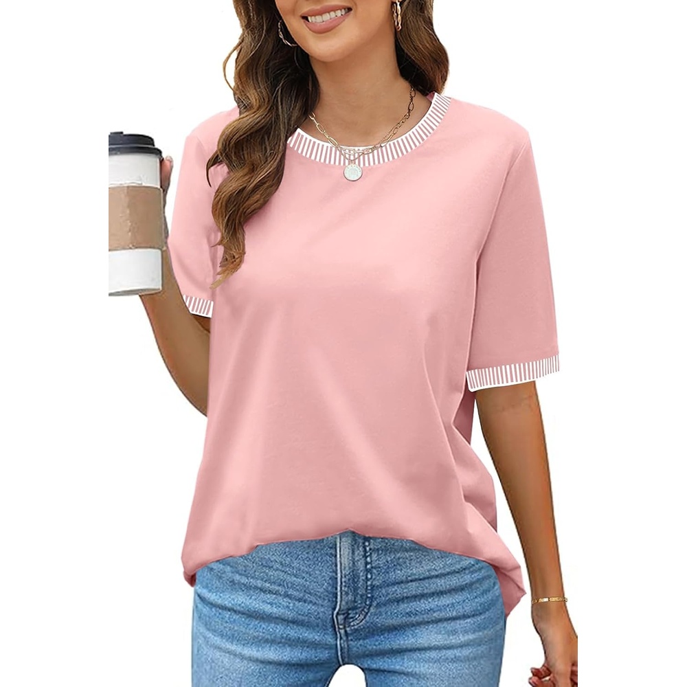 image:imageMEROKEETY Womens Summer Tops 2026 Short Sleeve Casual Trendy Striped Color Block T Shirts Loose BlouseLight Pink