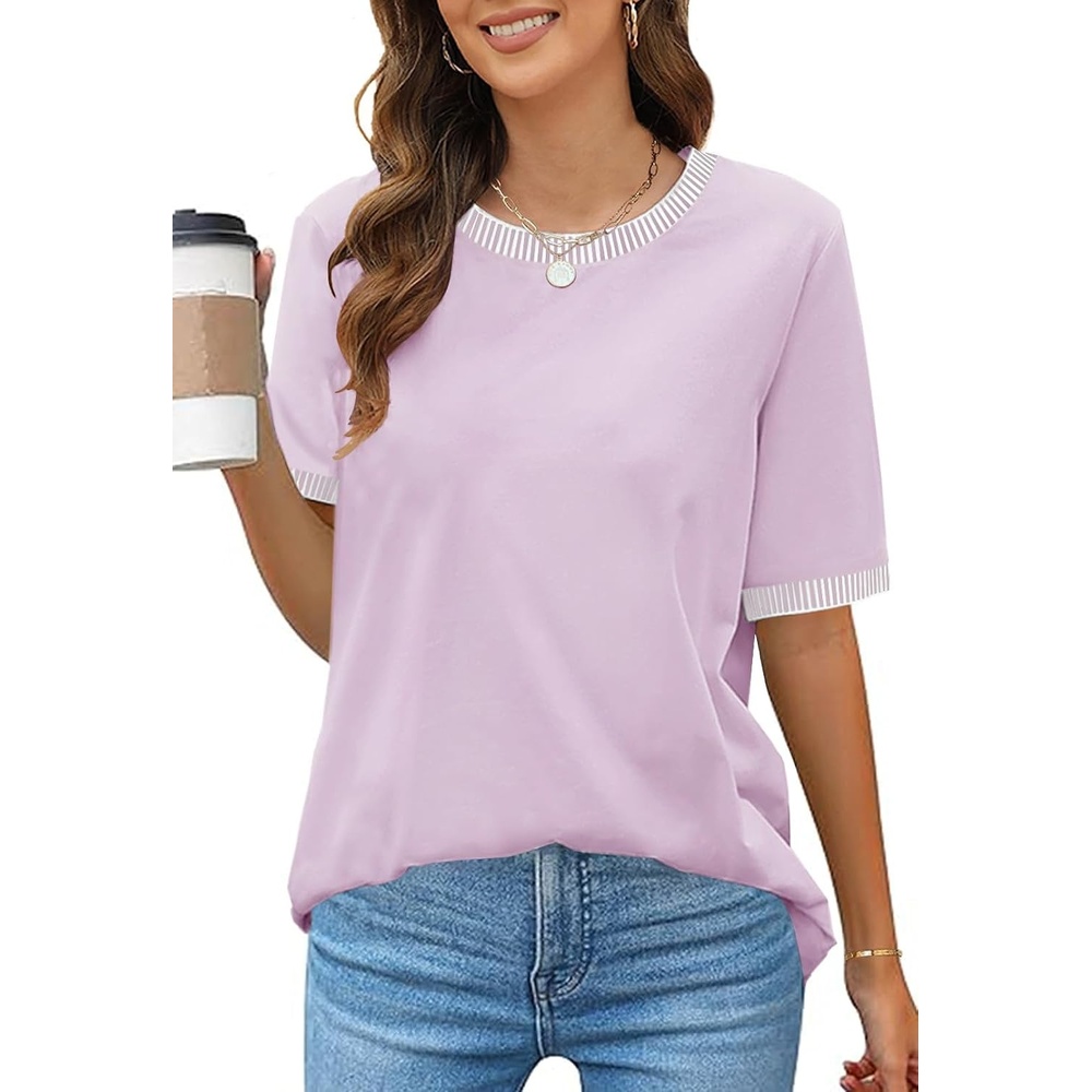 image:imageMEROKEETY Womens Summer Tops 2026 Short Sleeve Casual Trendy Striped Color Block T Shirts Loose BlouseLilac