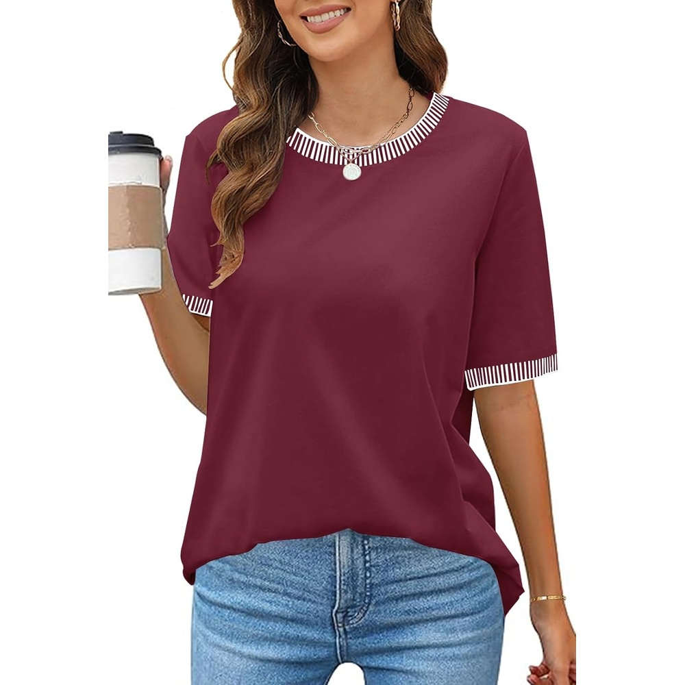image:imageMEROKEETY Womens Summer Tops 2026 Short Sleeve Casual Trendy Striped Color Block T Shirts Loose BlouseWine