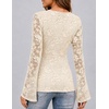 MEROKEETY Women Fall Lace Long Bell Sleeve Blouse V Neck Dressy Shirt Tops(Beige)