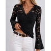 MEROKEETY Women Fall Lace Long Bell Sleeve Blouse V Neck Dressy Shirt Tops(Black)