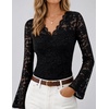 MEROKEETY Women Fall Lace Long Bell Sleeve Blouse V Neck Dressy Shirt Tops(Black)