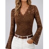 MEROKEETY Women Fall Lace Long Bell Sleeve Blouse V Neck Dressy Shirt Tops(Brown)