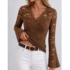 MEROKEETY Women Fall Lace Long Bell Sleeve Blouse V Neck Dressy Shirt Tops(Brown)