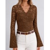 MEROKEETY Women Fall Lace Long Bell Sleeve Blouse V Neck Dressy Shirt Tops(Brown)