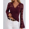 MEROKEETY Women Fall Lace Long Bell Sleeve Blouse V Neck Dressy Shirt Tops(Burgundy)