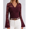 MEROKEETY Women Fall Lace Long Bell Sleeve Blouse V Neck Dressy Shirt Tops(Burgundy)