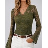 MEROKEETY Women Fall Lace Long Bell Sleeve Blouse V Neck Dressy Shirt Tops(Green)