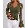 MEROKEETY Women Fall Lace Long Bell Sleeve Blouse V Neck Dressy Shirt Tops(Green)