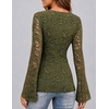 MEROKEETY Women Fall Lace Long Bell Sleeve Blouse V Neck Dressy Shirt Tops(Green)
