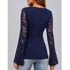MEROKEETY Women Fall Lace Long Bell Sleeve Blouse V Neck Dressy Shirt Tops(Navy)