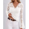 MEROKEETY Women Fall Lace Long Bell Sleeve Blouse V Neck Dressy Shirt Tops(White)