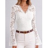 MEROKEETY Women Fall Lace Long Bell Sleeve Blouse V Neck Dressy Shirt Tops(White)