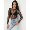 MEROKEETY Women Lace Mesh Sheer Long Sleeve Crew Neck Top Blouse Shirt 2026(Black)