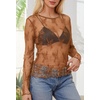 MEROKEETY Women Lace Mesh Sheer Long Sleeve Crew Neck Top Blouse Shirt 2026(Brown)