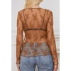 MEROKEETY Women Lace Mesh Sheer Long Sleeve Crew Neck Top Blouse Shirt 2026(Brown)