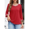 MEROKEETY Women’s 3/4 Length Sleeve Tops Dressy Casual Crew Neck Loose Trendy Spring Blouses T Shirts(Red)