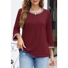 MEROKEETY Women’s 3/4 Length Sleeve Tops Dressy Casual Crew Neck Loose Trendy Spring Blouses T Shirts(Wine Red)