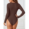 MEROKEETY Women’s Fall Long Sleeve Crew Neck Ribbed Knit Work Bodysuits(Coffee)