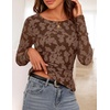 MEROKEETY Womens Fall Long Sleeve Floral Mesh Blouse Top 2026 Dressy Casual(Brown)