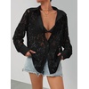 MEROKEETY Women’s Lace Long Sleeve Shirts Dressy Casual Tops Sheer Blouses(Black)