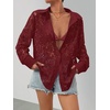 MEROKEETY Women’s Lace Long Sleeve Shirts Dressy Casual Tops Sheer Blouses(Winered)