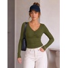 MEROKEETY Women’s Lace Trim V Neck Cute Tops Long Sleeve Henley Shirt(Army Green)