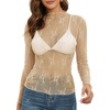 MEROKEETY Womens Mesh Sheer Lace Long Sleeve Mock Neck Blouse Shirt Tops(Apricot)