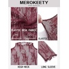 MEROKEETY Womens Mesh Sheer Lace Long Sleeve Mock Neck Blouse Shirt Tops(Burgundy)