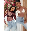 MEROKEETY Womens Mesh Sheer Lace Long Sleeve Mock Neck Blouse Shirt Tops(Burgundy)