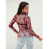MEROKEETY Womens Mesh Sheer Lace Long Sleeve Mock Neck Blouse Shirt Tops(Burgundy)