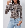 MEROKEETY Womens Mesh Sheer Lace Long Sleeve Mock Neck Blouse Shirt Tops(Leopard)
