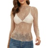 MEROKEETY Womens Mesh Sheer Lace Long Sleeve Mock Neck Blouse Shirt Tops(Lightkhaki)