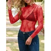 MEROKEETY Womens Mesh Sheer Lace Long Sleeve Mock Neck Blouse Shirt Tops(Red)