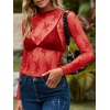 MEROKEETY Womens Mesh Sheer Lace Long Sleeve Mock Neck Blouse Shirt Tops(Red)
