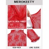 MEROKEETY Womens Mesh Sheer Lace Long Sleeve Mock Neck Blouse Shirt Tops(Red)