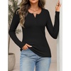 MEROKEETY Womens Striped Long Sleeve Fall Shirts Ribbed Fitted Henley Tops(Black)