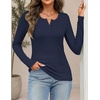 MEROKEETY Womens Striped Long Sleeve Fall Shirts Ribbed Fitted Henley Tops(Navy)