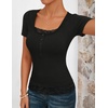 MEROKEETY Womens Summer Lace Trim Tops Cute Short Sleeve Ribbed Shirts 2026(Black)