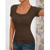 MEROKEETY Womens Summer Lace Trim Tops Cute Short Sleeve Ribbed Shirts 2026(Coffee)
